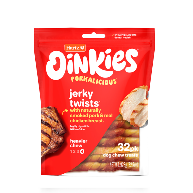 Hartz Oinkies Porkalicious jerky twists pork dog treats. 32 pack.