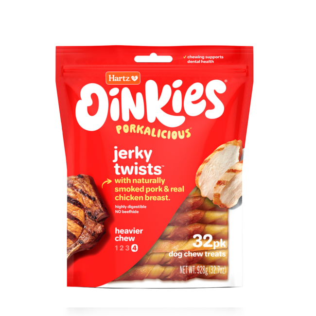 Hartz Oinkies Porkalicious jerky twists pork dog treats. 32 pack.