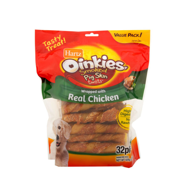 Hartz Oinkies pig skin twists. Dog treat wrapped in chicken. 32 pack. Hartz SKU# 3270012951
