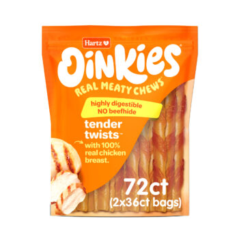 Hartz Oinkies Tender Twists. Dog treat with real chicken 72 count. Front of package. Hartz SKU# 3270012952