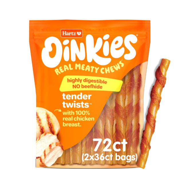 Hartz Oinkies Tender Twists, 72 count with product. Dog chews.