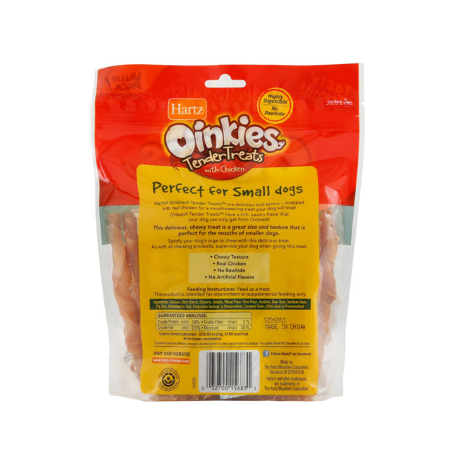 Hartz Oinkies Tender Treats. Chicken wrapped dog chews. Back of package. Hartz SKU# 3270012952