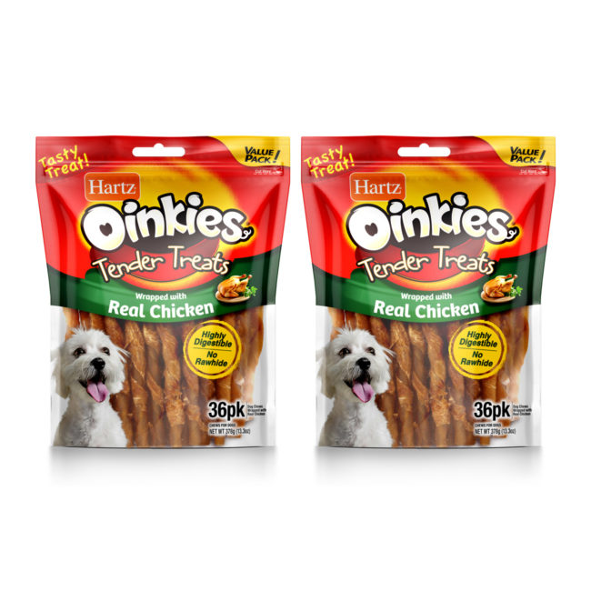 Hartz Oinkies Tender Treats. Dog chew with real chicken. Front of package. Hartz SKU# 3270012952
