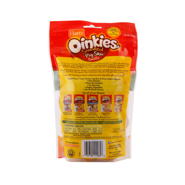 Hartz Oinkies pig skin twists. Dog treat wrapped in chicken and smoked for added flavor. Back of package. Hartz SKU# 3270015585
