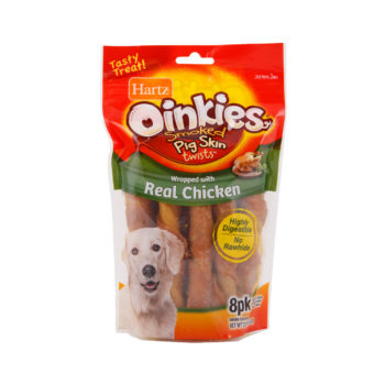Hartz Oinkies pig skin twists. Dog treat wrapped in chicken. Hartz SKU# 3270015585