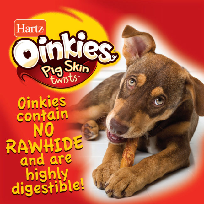 Hartz Oinkies chicken wrapped dog treats are highly digestable.