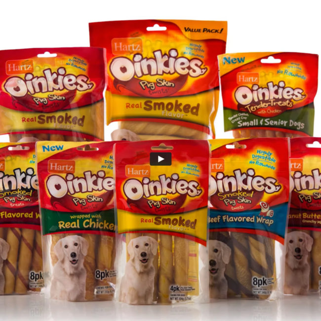 Video of Hartz Oinkies dog treats. A variety of flavors and textures just right for your dog.