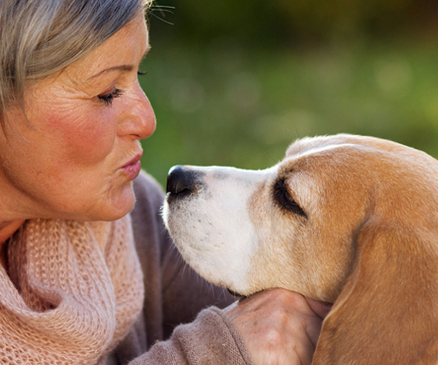 Woman about to kiss her dog's nose - An outlet for human affection is one of the health benefits of having pets
