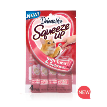 NEW! Delectables Squeeze Up tuna and salmon treat for cats. Hartz SKU 3270012930