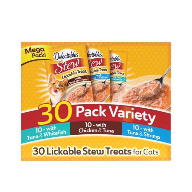 Delectables stew cat treat. Variety pack. Front of package. Hartz SKU #3270012928.