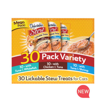 NEW! Delectables stew cat treat. Variety pack. Front of package. Hartz SKU #3270012928.