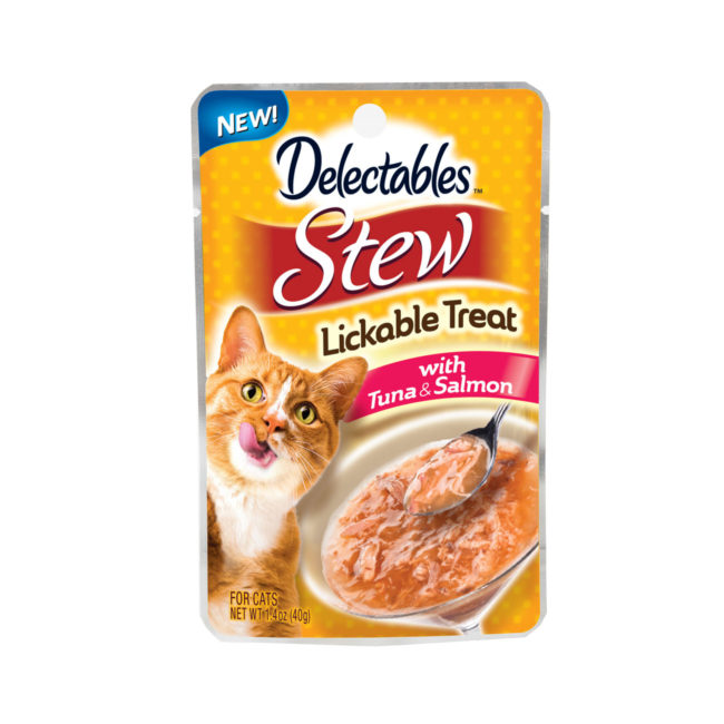 Delectables lickable stew cat treat. Front of package. Hartz SKU#3270012946.