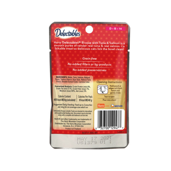Delectables bisque tuna and salmon cat treat. Back of package. Hartz SKU# 3270012947