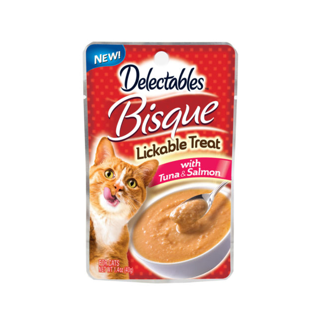 Delectables bisque tuna and salmon cat treat. Front of package. Hartz SKU# 3270012947