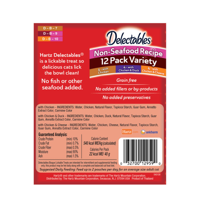 Delectables Bisque non seafood variety 12 pack. Back of package of non-seafood cat treats. Hartz SKU#3270012959
