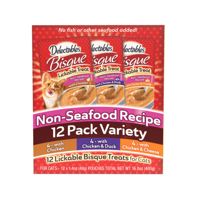 Delectables Bisque non seafood variety 12 pack. Front of package. Hartz SKU#3270012959