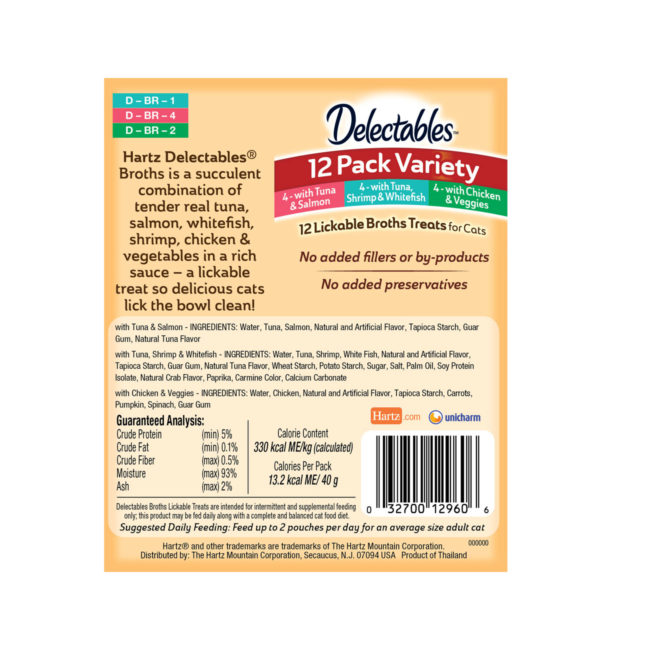 Delectables savory broths variety pack. Back of package. Hartz SKU# 3270012960