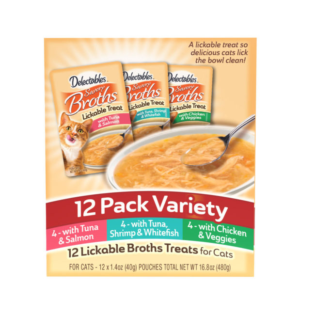 Delectables savory broths cat treat. Front of package. Hartz SKU# 3270012960