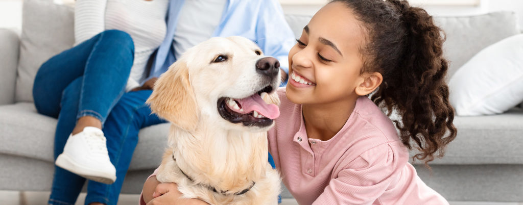 Cheerful African American girl embracing her labrador after finding perfect dog for her family from shelter.