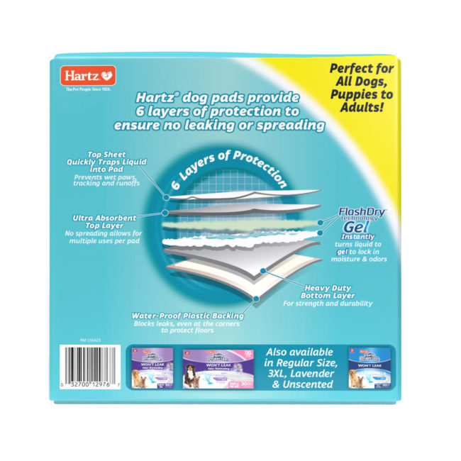 Hartz Home Protection Odor Eliminating Mountain Fresh scented dog pads. Back of package.