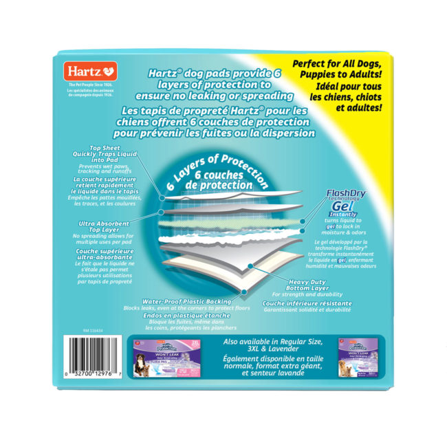 Hartz HPOE Mountain Fresh XXL dog pads. 20 count. Back of package. Hartz SKU# 3270012976