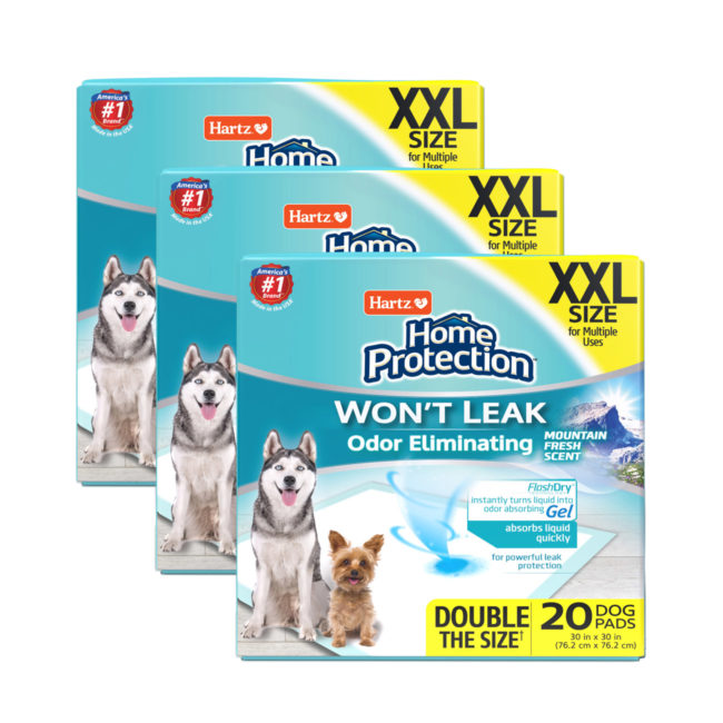 Hartz Home Protection Odor Eliminating leak proof dog pads. Front of package. Hartz SKU# 3270012977