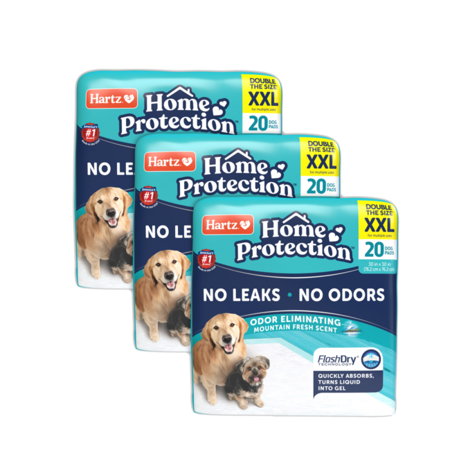 Hartz Home Protection Odor Eliminating leak proof dog pads. Front of package. Hartz SKU# 3270012977