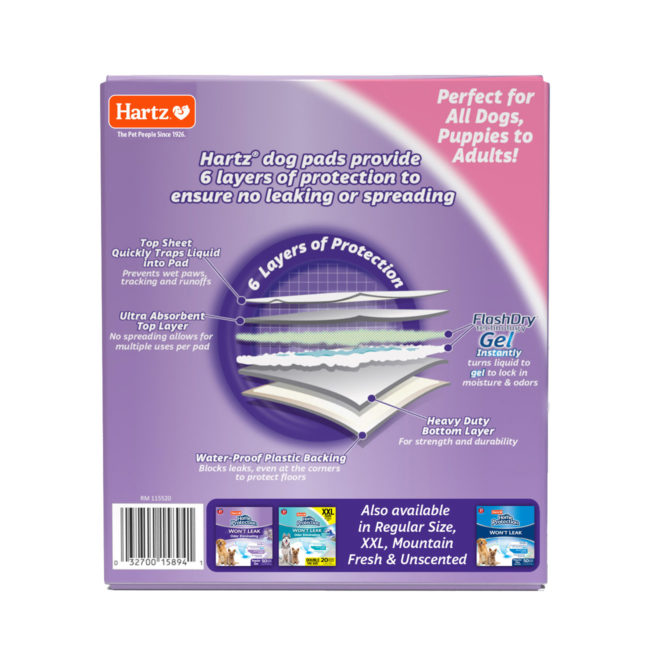 Hartz 14 count 3XL scented dog pads. Back of package. Hartz SKU# 3270015894