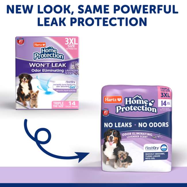 Hartz Home Protection Lavender scented dog pads. New look, same powerful protection.