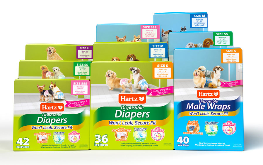Hartz offers a variety of sizes of dog diapers and male wraps for dogs.