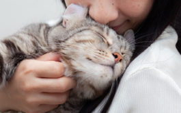 Woman cuddling and bonding with cat