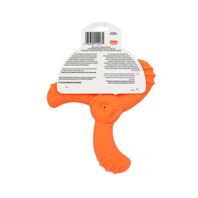 A orange squeaky latex boomerang dog toy. One of many Hartz toys for dogs. Hartz SKU# 3270011227