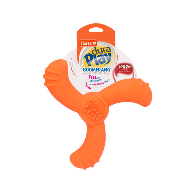 Hartz Dura Play Boomerang. A orange squeaky latex dog toy. One of many Hartz toys for dogs. Hartz SKU# 3270011227