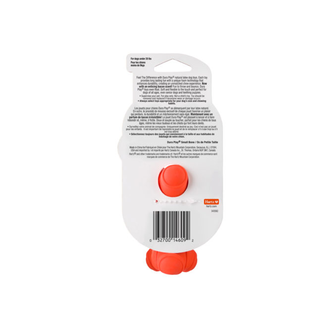 A lightweight orange foam chew toy for small dogs, Hartz SKU# 3270014609
