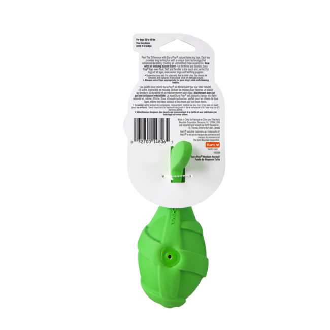 Squeaky green rocket dog toy for medium size dogs, Hartz SKU# 3270014806