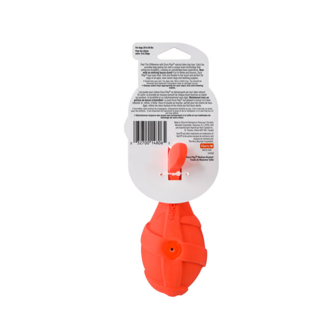 Squeaky orange rocket dog toy for medium size dogs, Hartz SKU# 3270014806