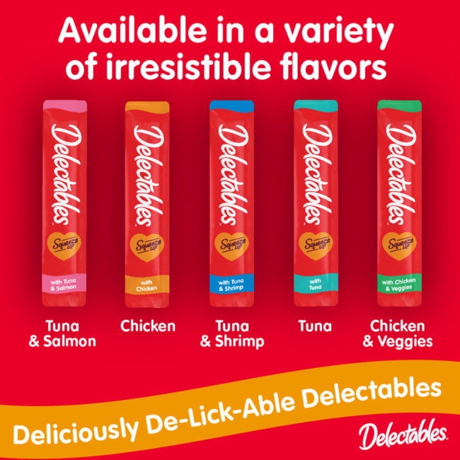 Delectables Squeeze Up. Available in 5 varieties. Tuna, Chicken, Tuna & Shrimp, Tuna & Salmon, Chicken & Veggies