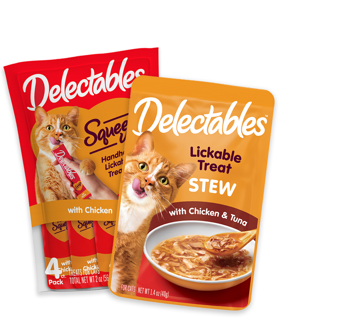 Delectables Squeeze up and Lickable treats for cats.