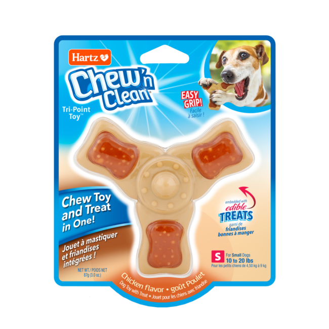 Hartz Chew N Clean tri-pont dog toy. Front of dental dog treat package. Hartz SKU# 3270012004.