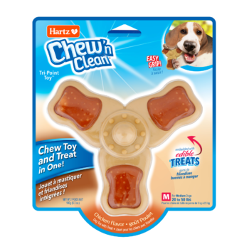 Hartz Chew N Clean tri-point medium dog toy. Front of dental dog treat package. Hartz SKU# 3270012005.