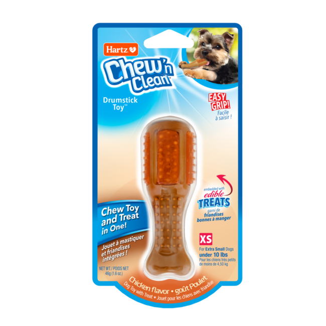 Hartz Chew N Clean drumstick dog toy, extra small dog chew toy. Front of package. Hartz SKU# 3270012006.