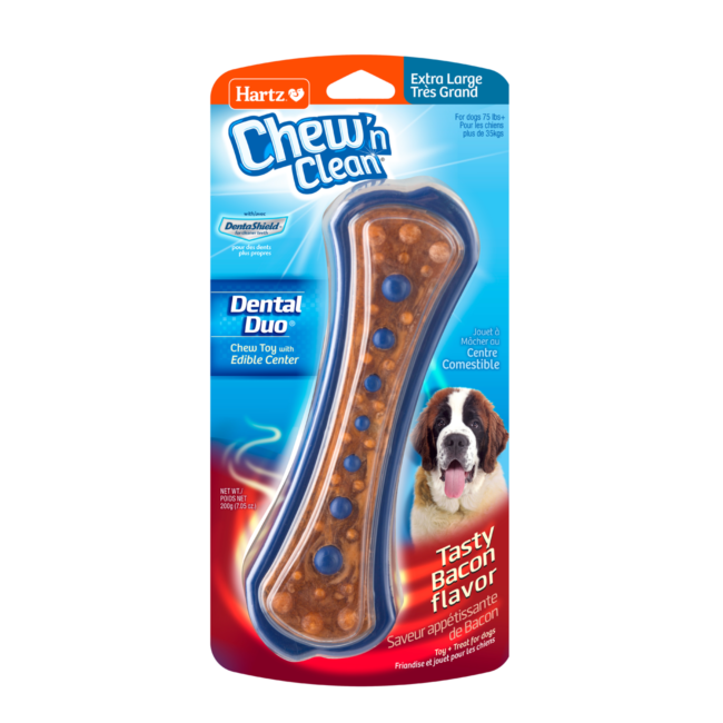 Hartz Chew N Clean Tuff Bone, bacon flavored chew toy for extra large dogs. Dark blue. Hartz SKU# 3270015578