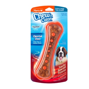 Hartz Chew N Clean Tuff Bone, bacon flavored chew toy for extra large dogs. Orange. Hartz SKU# 3270015578