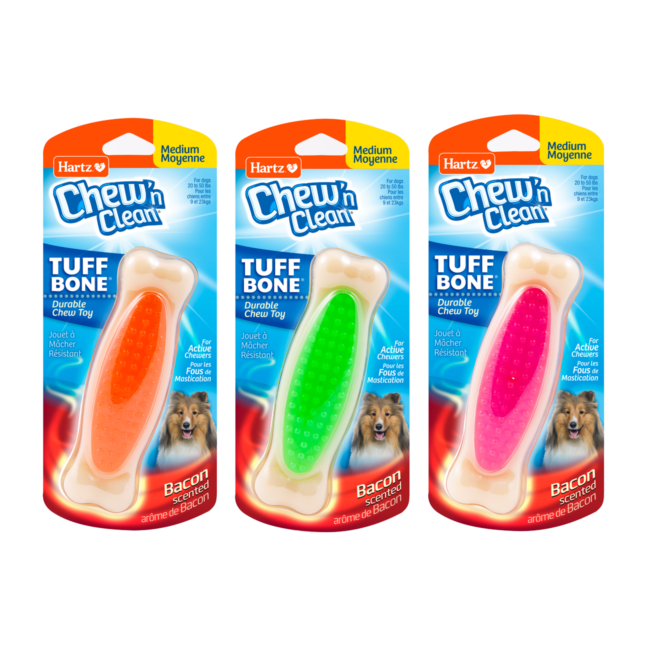 Hartz Chew N Clean Tuff Bone, dental toy for medium sized dogs. Available in orange, pink and green. Hartz SKU# 3270097528