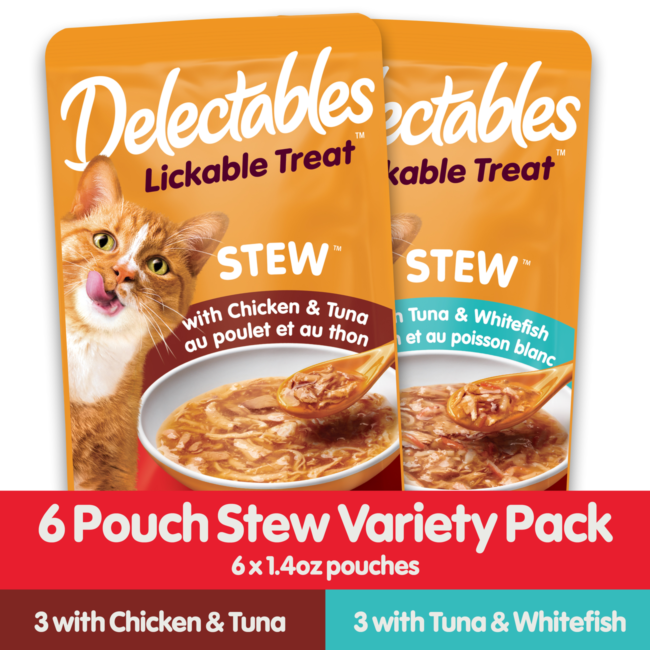Delectables Lickable Treat. A lickable treat available in a stew variety pack. Hartz SKU# 3270015849