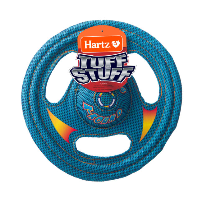 Hartz blue tuff stuff flyer. Blue squeaky disc shaped dog toy, Hartz SKU#3270000767