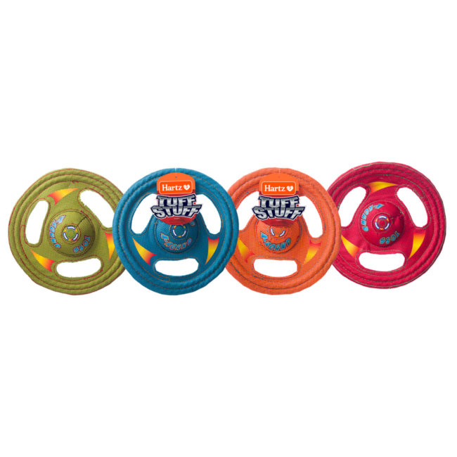Hartz tuff stuff flyer. Group of multi colored disc shaped toys for dogs, Hartz SKU#3270000767