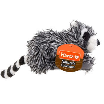 Squeaky dog toy in the shape of a plush raccoon, Hartz SKU# 3270004349