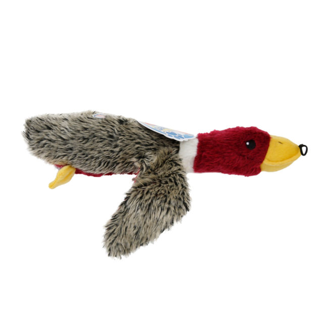 Red duck shaped squeaky toy for dogs, side view, Hartz SKU# 3270005445