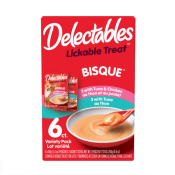 Delectables Lickable Treat. A wet cat treat with real chicken and fish in a bisque texture. Hartz SKU# 3270015490